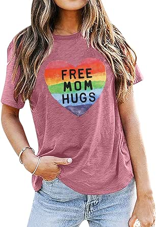 Gay Pride Shirt Women Free Mom Hugs T-Shirt Rainbow Heart Shirt LGBTQ Pride Shirt Rainbow Flag Tee Proud Ally Shirts