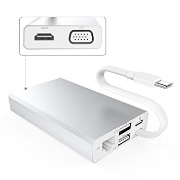 USB C Hub to HDMI/VAG/2 USB 3.0 Output and RJ45/USB Type C Import Type C Hub Multiport Adapter-Silver Aluminum