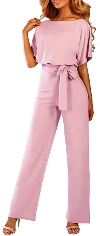 miqiqism Women's Elegant Short Sleeve Jumpsuits Casual Sexy Wide Leg Long Palazzo Pants Semi Formal Cocktail Party Rompers