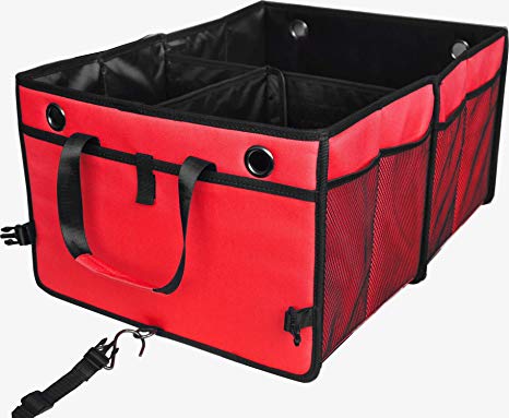 CUTEQUEEN Trunk Organizer Back Seat Protector Storage Organizer Multi Compartments Collapsible Portable for SUV Car Truck Auto Red and Black(Pack of 1) (22"x16"x11", Red)