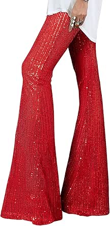 EVALESS Women Sequin Pants Sparkly Glitter High Waisted Wide Leg Flare Trousers Bell Bottom Night Out Clubwear