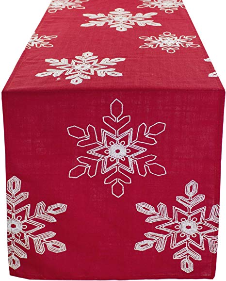 Fennco Styles Embroidered White Snowflake Holiday Christmas Red Tablecloth (16"x54" Table Runner)