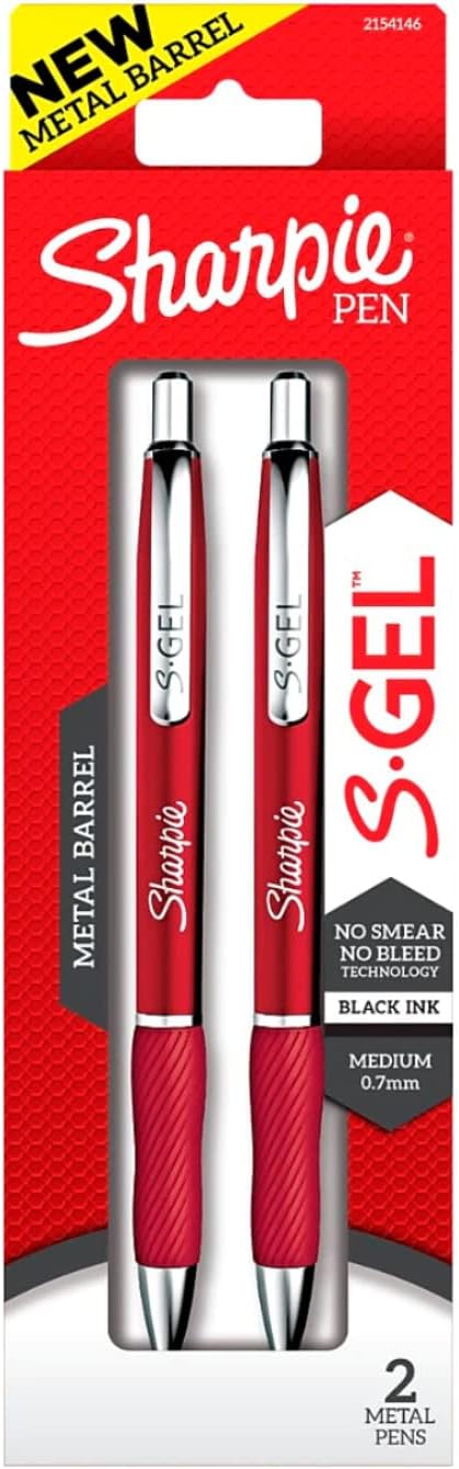 SHARPIE S-Gel Retractable Gel Pen, 0.7mm Medium Point, Red Barrel, Black Ink, 2/Pack (2154146)