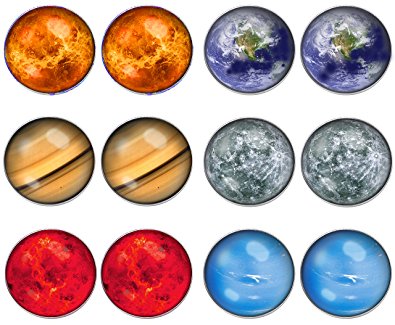 LilMents 6 Pairs Solar System Galaxy Universe Unisex Mens Womens Stainless Steel Stud Earrings