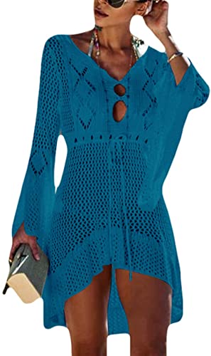 Bsubseach Women Crochet Swimsuit Cover Up Hollow Out Flare Sleeve Beach Dress