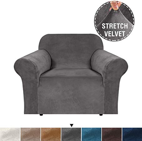 H.VERSAILTEX Home Modern Velvet Plush 1 Piece Stretch Sofa Slipcover, Chair Cover, Chair Protector, Form Fit Stretch, Stylish Furniture Cover/Protector, Machine Washable(Chair, Grey)