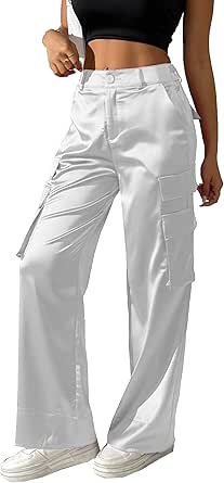 Women's Satin Cargo Wide Leg Pants Silky Party Dressy Casual Pocketed Pant Long Trouser