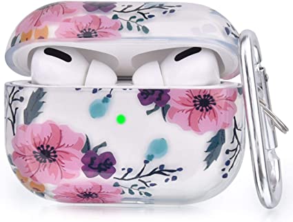 V-MORO Airpods Pro Case,Girls Cute Clear Smooth Airpod Pro Protective Hard Case Cover with Keychain Compatible for Apple Airpods Pro Charging Case (Peach Flower)