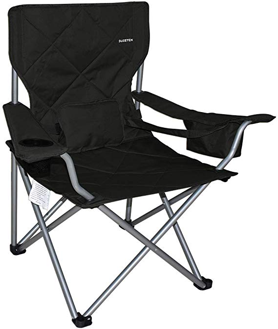 Suzeten Oversized Folding Camping Chairs Quad Arm Chair with Heavy Duty Lumbar Back Support, Cooler Cup Holder, Back Mesh Pocket, Shoulder Strap Carrying Bag Support 350 lbs, Black