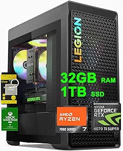 Lenovo Legion Tower 5 Gaming Desktop AMD 8-core Ryzen 7 7700 (&gt;i9-13900H) 32GB RAM 1TB SSD GeForce RTX 4070 Ti Super 16GB USB-C RGB Light Fan 850W PSU 3-Month Xbox PC Game Pass Win11 w/ICP Accessory