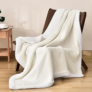 PHF Waffle Sherpa Throw Blanket, 50x60 Inches Luxury Plush Flannel Blanket for Winter, No Shed No Pilling, Cozy Soft Reversible Waffle Weave Fleece Throw Blanket for Bed and Couch, Cream White