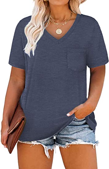 DOLNINE Plus-Size Tops for Women V Neck T Shirts Summer Tunics with Pocket