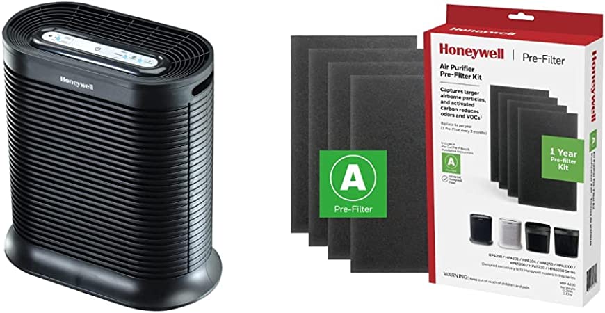 Honeywell HPA300 HEPA Air Purifier Extra-Large Room (465 sq. ft), Black & HRF-A200 Pre Kit, 4 Pack air purifier filter, HPA 200, Black, 4 Count
