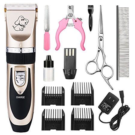 CAHTUOO Dog Grooming Clippers, Professional Pet Grooming Kit Rechargeable Cordless Silent Dog Hair Trimmer Shaver with 4 Comb Attachments & 4 Extra Tools for Dogs Cats and Other Animals