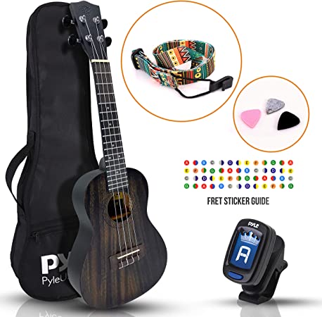 23-Inch Mahogany Concert Ukulele Kit - Traditional 4-String Professional Ukulele Concert Bundle w/ Digital Tuner, Strap, Finger Guide, 3 Spare Picks & Gig Bag, For Beginners & Advanced - Pyle PUKT8880