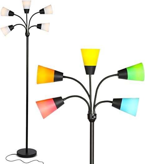 Brightech Medusa Modern LED Floor Lamp – Contemporary Multi Head Standing Reading Lamp for Living Room, Bedroom, Kids Room - Includes 5 LED Bulbs and 5 White & Colored Interchangeable Shades – Black