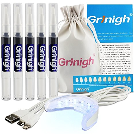 Grinigh At Home Professional Teeth Whitening Premium Kit with 5 x Natural Activated Charcoal Tooth Whitener Gel Pen - FDA Approved - Easy to USe - Fast Results - More Than 50 Treatments