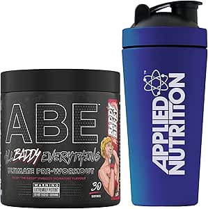 Applied Nutrition Bundle ABE Pre Workout 375g   750ml Steel Protein Shaker | All Black Everything Pre Workout Powder, Energy & Physical Performance with Creatine, Beta Alanine (Baddy Berry)