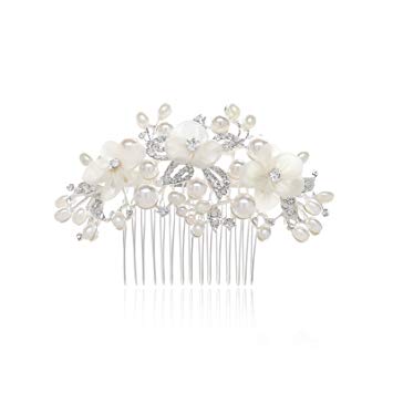 SWEETV Ivory Flower Wedding Hair Comb Pearl Clip Bridal Headpieces Women Hair Accessories for Brides