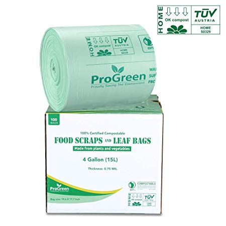 ProGreen 100% Compostable Bags 4 Gallon (15L), Extra Thick 0.75 Mil, 100 Count, Small Kitchen Trash Bags, Food Scraps Yard Waste Bags, Biodegradable ASTM D6400 BPI and TUV Austria Certified.