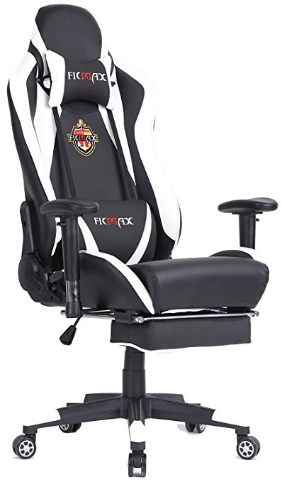 [UPDATED VERSION] Ficmax Large Size High-back Ergonomic Gaming Chair Racing Seat with Massager Lumbar Support and Retractible Footrest (White/Black)