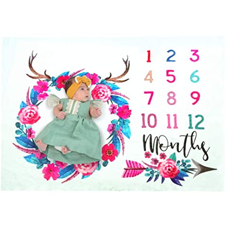 WINGOFFLY 0-1 Years Flannel Infant Baby Monthly Milestone Blanket Swaddling Blanket for Photography Backdrop Photo Prop, Antler