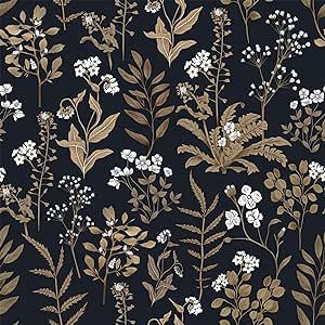 Abyssaly Floral Peel and Stick Wallpaper, Vintage Black and Gold Wallpaper for Home Decoration, Self Adhesive Dark Leaf Flowers Contact Paper for Bedroom 17.7 in X 118 in