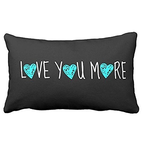 Onemaker Love You More, White W Aqua Hearts On Black Pillow Cover