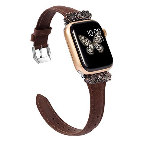 Wearlizer Coffee Thin Leather Compatible with Apple Watch Band 38mm 40mm iWatch Womens Slim Metal with Unique Decoration Strap Replacement Wristband Beauty Bracelet (Silver Metal Clasp)Series 4 3 2 1