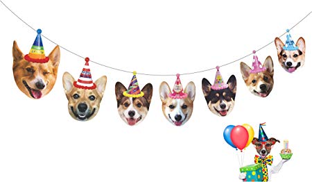 Gyzone Dogs Birthday Garland, Funny Corgi Face Portrait Birthday Banner, Dog Bday Bunting Decorations