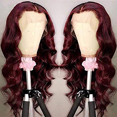 99J Color Lace Front Wigs Human Hair Pre Plucked With Baby Hair, HD Brazilian Body Wave Transparent 13x6 Wigs Human Hair Burgundy Colored 18 Inch