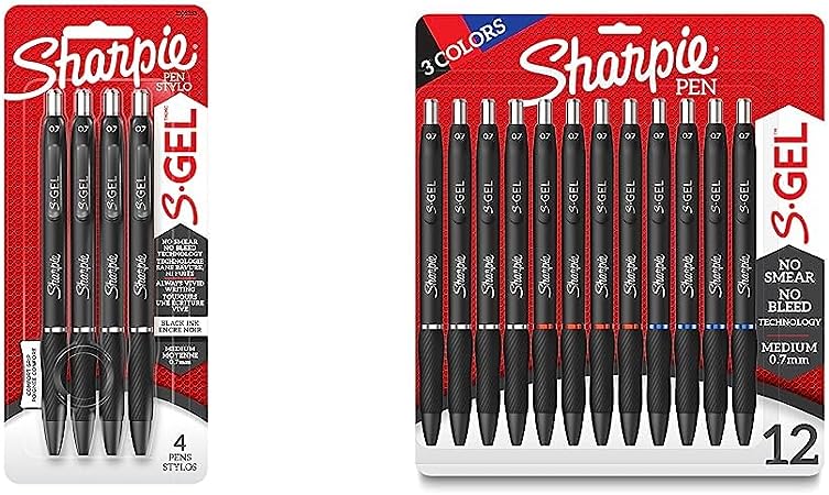 SHARPIE S-Gel, Gel Pens, Medium Point (0.7mm), Black Ink Gel Pen, 4 Count & S-Gel, Gel Pens, Medium Point (0.7mm), Assorted Colors, 12 Count