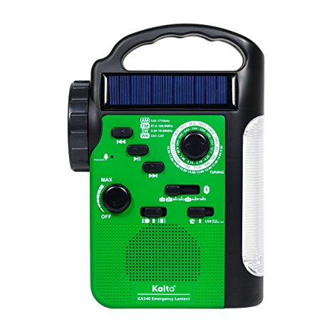 Kaito KA340 5-way Powered Rechargeable LED Camping Lantern & Emergency AM/FM/SW NOAA Weather Alert Radio with Bluetooth, Flashlight, 5V USB Mobile Phone Charger, MP3 Player & Siren (Green)