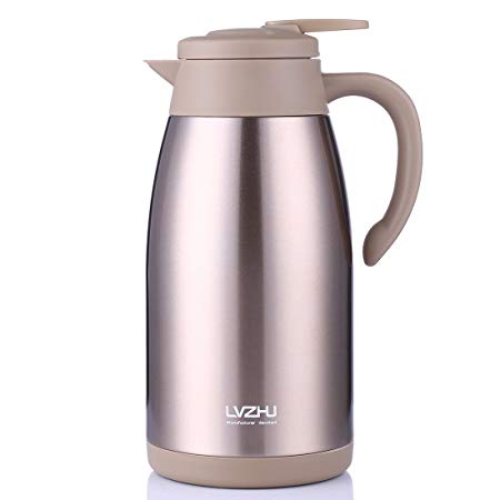 Stainless Steel Thermal Coffee Carafe 2 Liter,Large Double Walled Insulated Vacuum Flask,12 Hour Heat Retention Beverage Server Pot,With Press Button Easy Open(Golden)