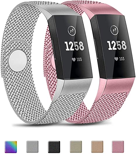 Pack 2 Metal Loop Bands Compatible with Fitbit Charge 4 / Charge 3 / Charge 3 SE Bands, Stainless Steel Magnetic Replacement Metal Band (Silver  Rose Pink, Large)