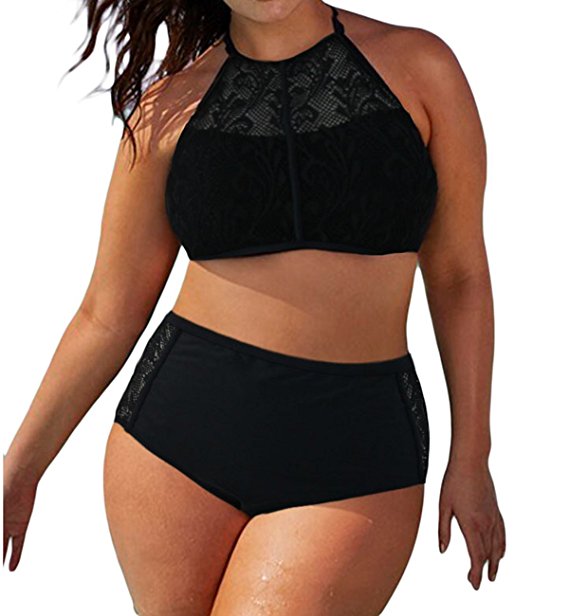 EVALESS Womens Plus Size Sheer Mesh Padded Push Up Bikini Set Swimsuit Swimwear