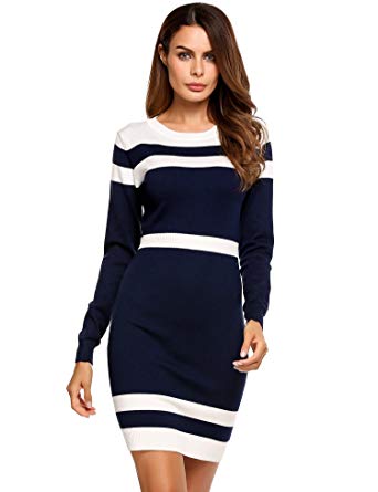 Beyove Women's Colorblock Striped Long Sleeve Cotton Knit Sweater Bodycon Dress