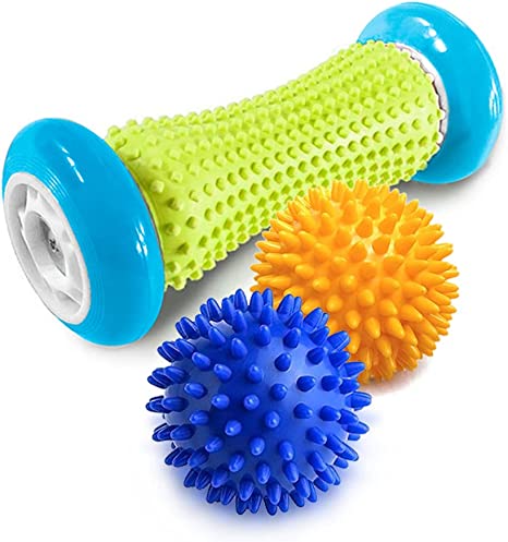 Pasnity Foot Massage Roller Spiky Ball Foot Pain Relief Massager Relieve Plantar Fasciitis and Heel Foot Arch Pain and Relax Shoulder Foot Back Leg Hand, Included 1 Roller & 2 Spiky Balls