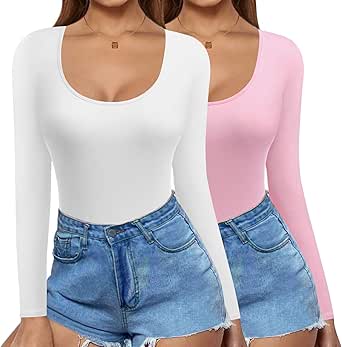 Ekouaer 2 Pack Women's Scoop Neck Tops Long Sleeve Slim Fit T Shirt Thermal Shirts Basic Tight Tee XS-XXL