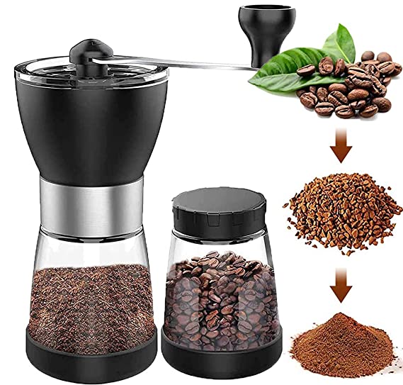 Verilux® Coffee Grinder with 2 Glass Jars Ceramic Burr Stainless Steel Handle, Manual Coffee Beans Grinder withfor Aeropress, Drip Coffee, Espresso, French Press