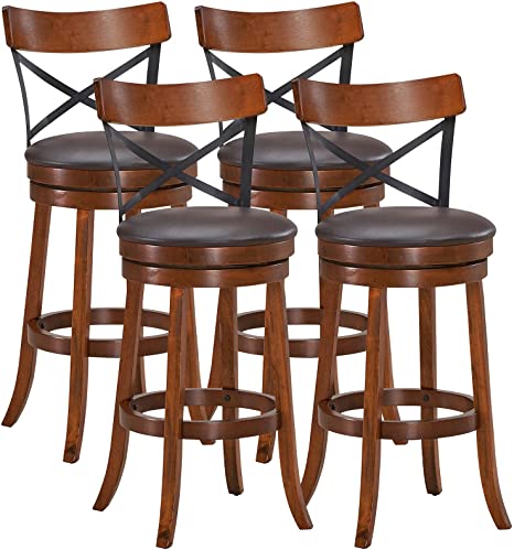 COSTWAY Bar Stool Set of 4, 360-Degree Swivel Solid Wood Stools with Soft Cushion & Backrest, 29.5” Height Kitchen Counter Bar Stools for Kitchen Island, Pub, and Restaurant (4, 29in)