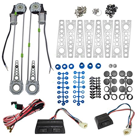 Universal Electric Power Window Lift Regulator Roll Up Spal Type Conversion Kit w/ Switches Wiring & Hardware for 2-Door Pickup SUV Van Car