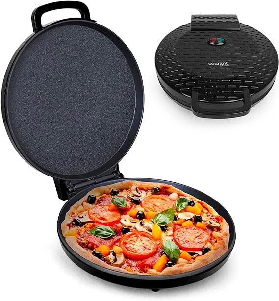 Courant Pizza Maker 12 inch Pizzas Machine, Newly improved Cool-touch Handle Non-Stick plates Pizza oven & Calzone Maker, Electric Countertop Oven for Home or School, 12” Indoor Grill/Griddle, Black