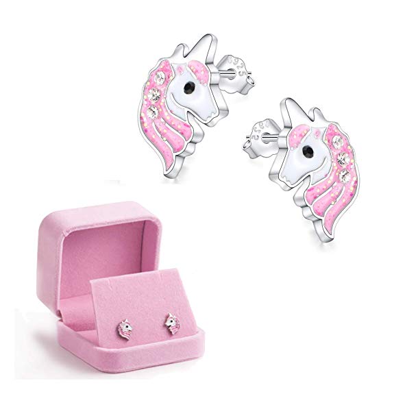 Unicorn Stud Earrings Hypoallergenic 925 Silver Light Pink Sparkling with Zircon for Little Girls Kids Jewelry Birthday Party