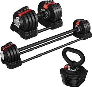 Yaheetech Mancuernas Ajustables 3 en 1 Pesas y Mancuernas Ajuste Rápido de 1,5kg a 18 kg / 3kg a 24kg con 3 Modos Mancuerna & Kettlebell & Barbell para Fitness