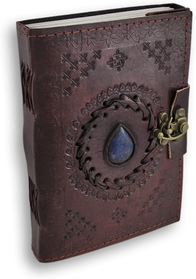 Leather Journal Embossed Blue Stone Vintage Diary Unlined Blank Book with Clasp