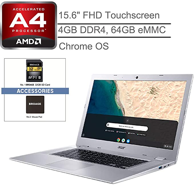 Acer Chromebook 315 15.6" Touchscreen Laptop Computer, for Business or Education，AMD A4-9120C 1.6GHz, 4GB RAM, 64GB eMMC, Up to 10 Hours Battery, Chrome OS, Silver, 32GB SD Card  iPuzzle Accessories