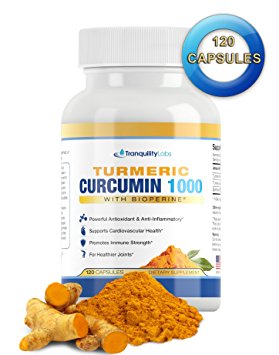 Turmeric Curcumin 1000mg 95% w BioPerine® Black Pepper - Premium Formula, Max Absorption - Supports Joint Pain Relief, Anti Inflammatory, Cardiovascular, Digestive, & Immune Systems, 120 capsules, two-month supply