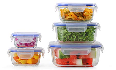 Glass Meal Prep Containers - 10 Square Piece Set, Borosilicate Glass, High Heat Resistance (750 °F), BPA Free, 100% Leak Proof - Microwave, Freezer, Oven & Dishwasher Safe - Glass 5+5 Set, by Popit!