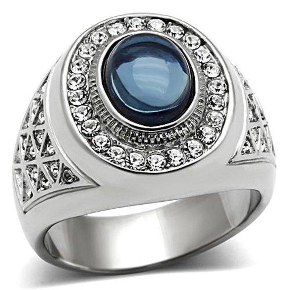 Mens 316L Stainless Steel Dark Blue Oval Cabochon Ring